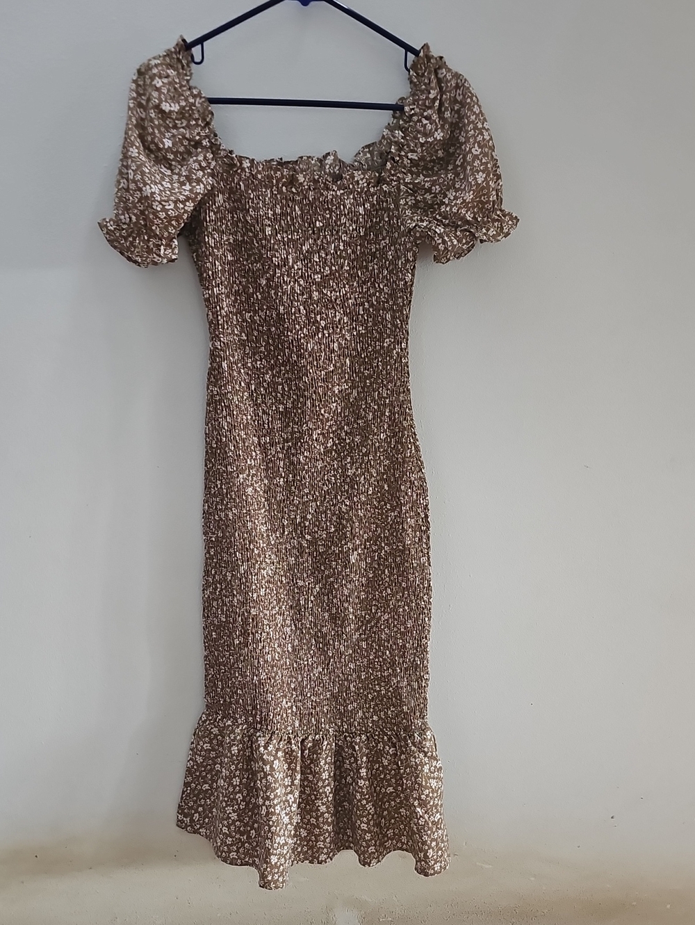 Smocked Brown Floral Midi Dress with Puff Sleeves